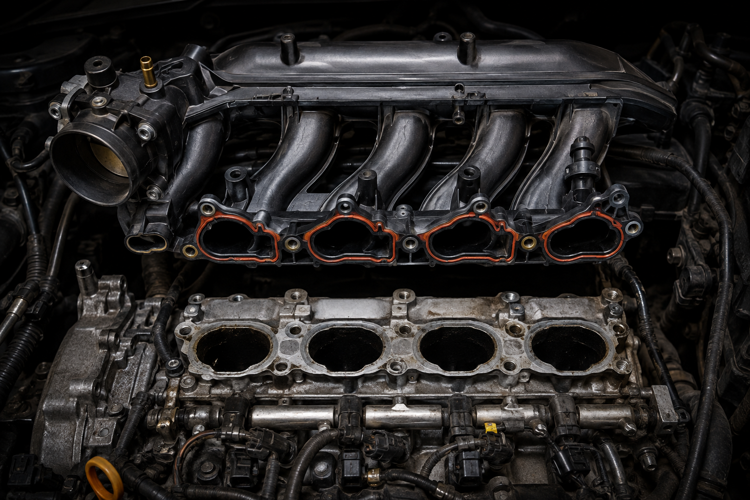 Intake manifold removed from engine showing multiple ports leading to each cylinder — AutoClinic