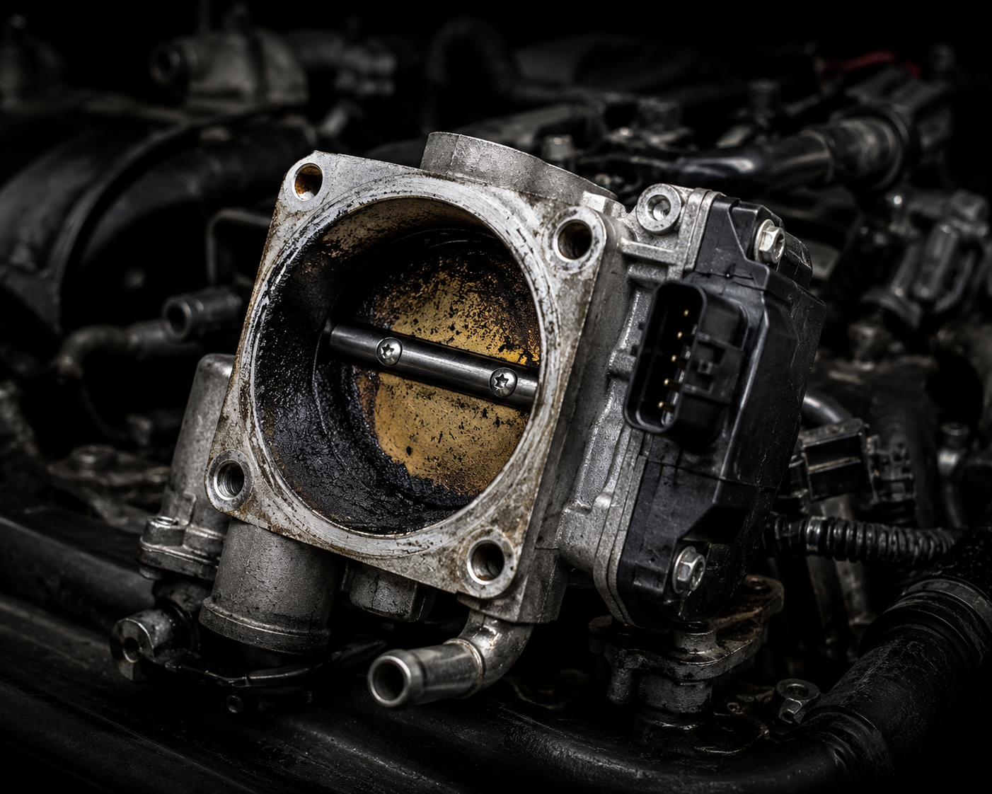 Throttle body removed from engine showing butterfly valve plate carbon deposits and electrical connector — AutoClinic