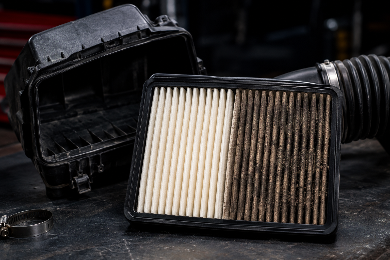Engine air filter element showing clean and dirty filter comparison — AutoClinic