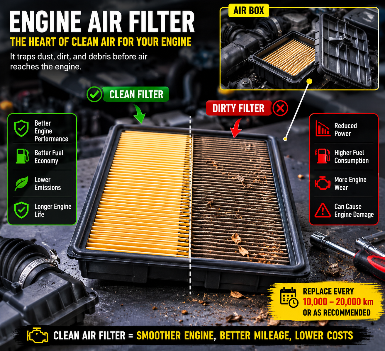 Side by side comparison of brand new white air filter next to heavily clogged dirty black air filter — AutoClinic