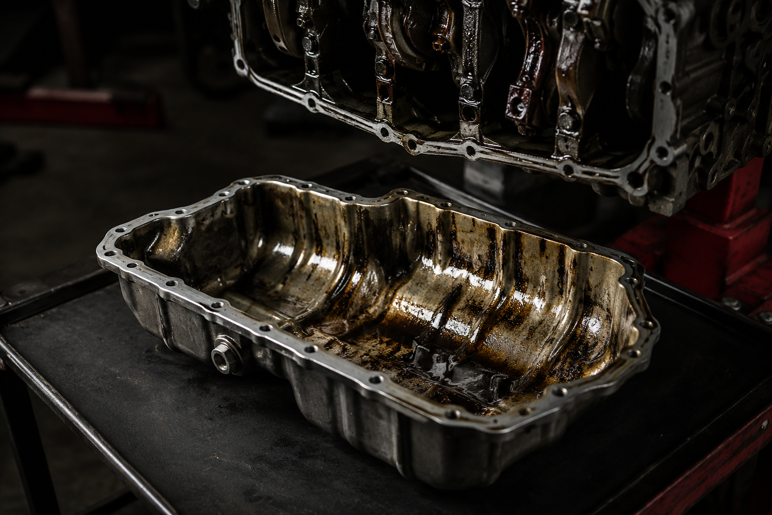 Engine oil sump pan removed from bottom of engine showing metal pan and drain plug — AutoClinic