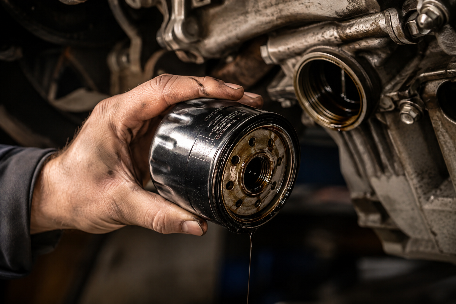 Engine oil filter being removed from engine showing cylindrical canister with oil — AutoClinic