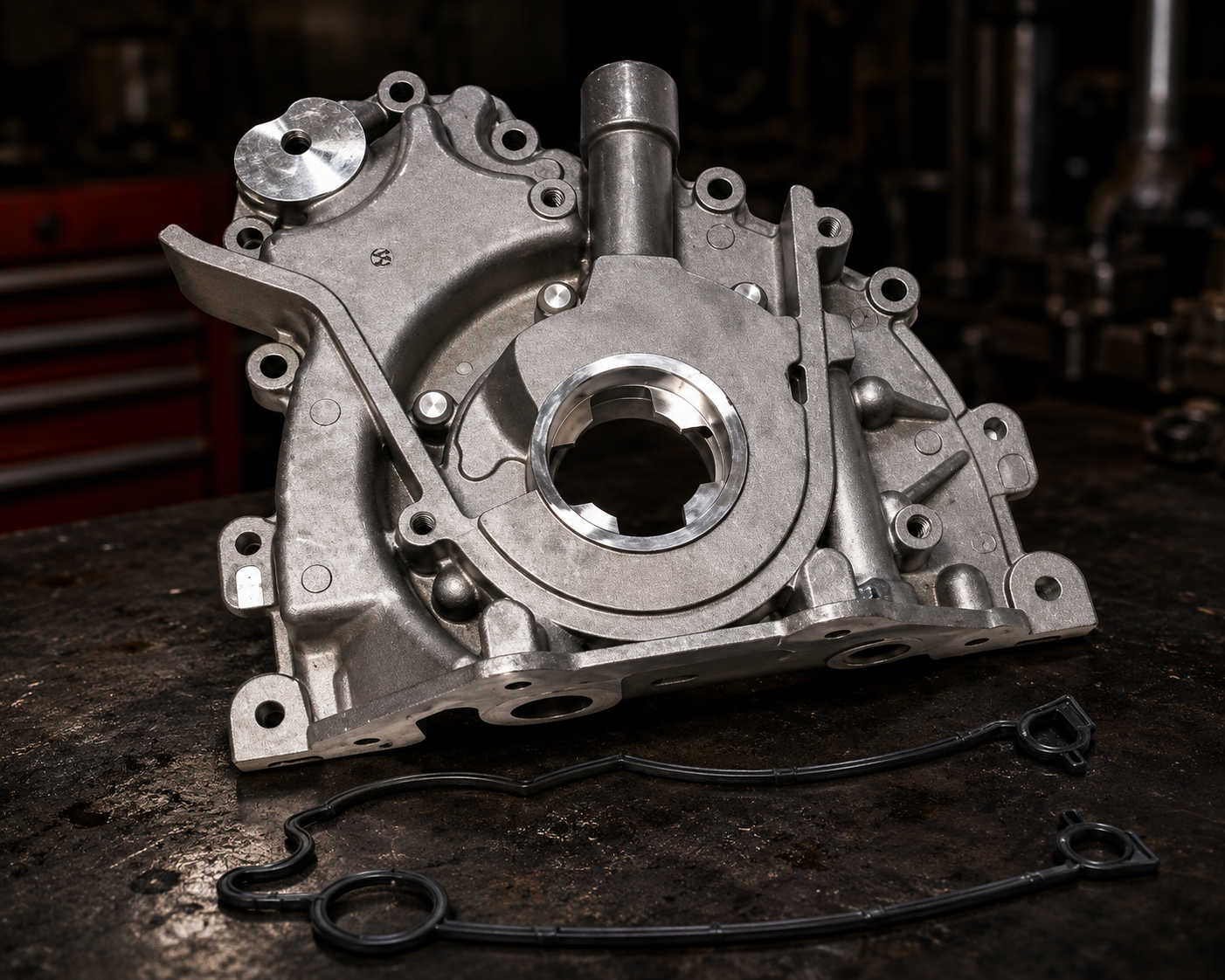 Engine oil pump removed from engine block showing pump body with inlet and outlet ports — AutoClinic