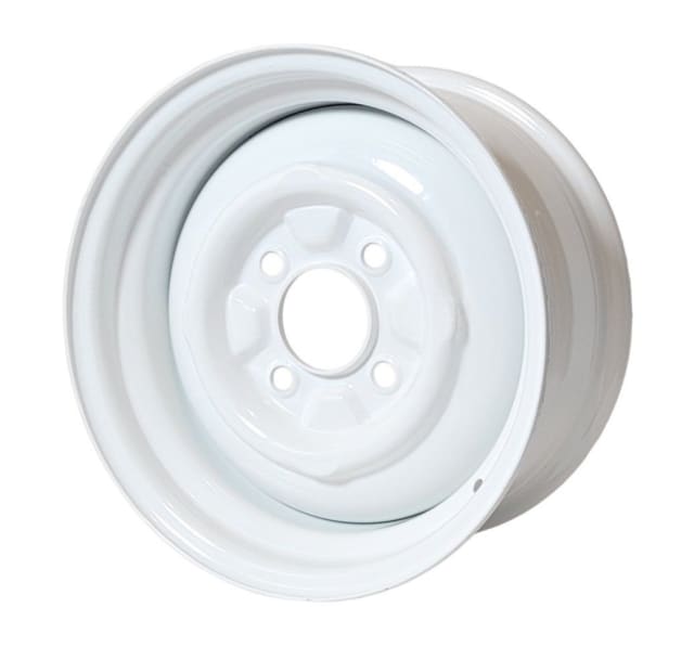 15X7 GLOSS WHITE SMOOTHIE STEEL WHEEL WITH 5" BACKSPACE. DEDICATED 4-130 PCD