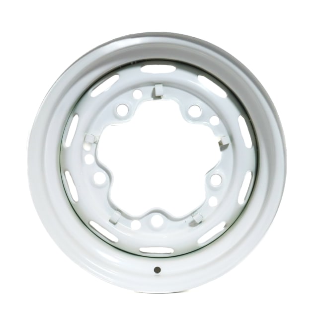15X7 GLOSS WHITE SPEEDSTER STYLE STEEL WHEEL WITH 5" BACKSPACE. DEDICATED 5-205 PCD