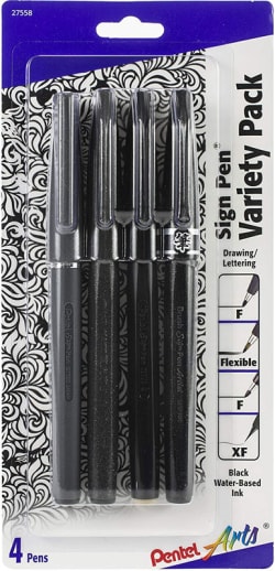 Pentel Arts Sign Pen Variety 4 Pack - Black