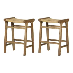 Rattan and Teak Stool, Set of 2