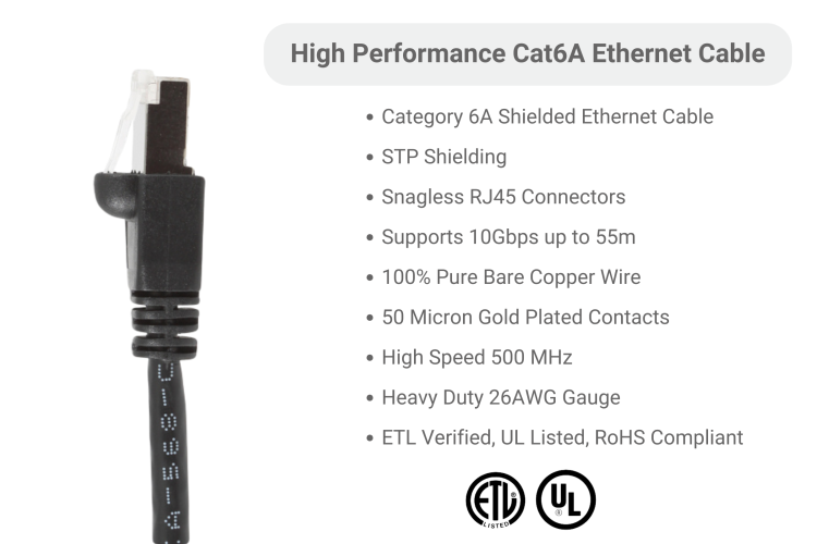 Cat6A Shielded Ethernet Patch Cable, Half-moon Boot, 3 ft, Black
