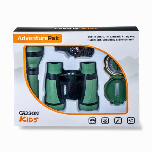 Carson Optical AdventurePak Kids 30mm Binoculars, Lensatic Compass, Flashlight, Whistle, Thermometer