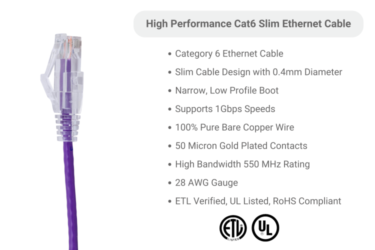 Cat6 Slim Ethernet Patch Cable, Snagless, 7 ft, Purple