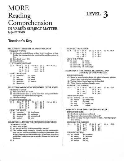 More Reading Comprehension Level 3 KEY