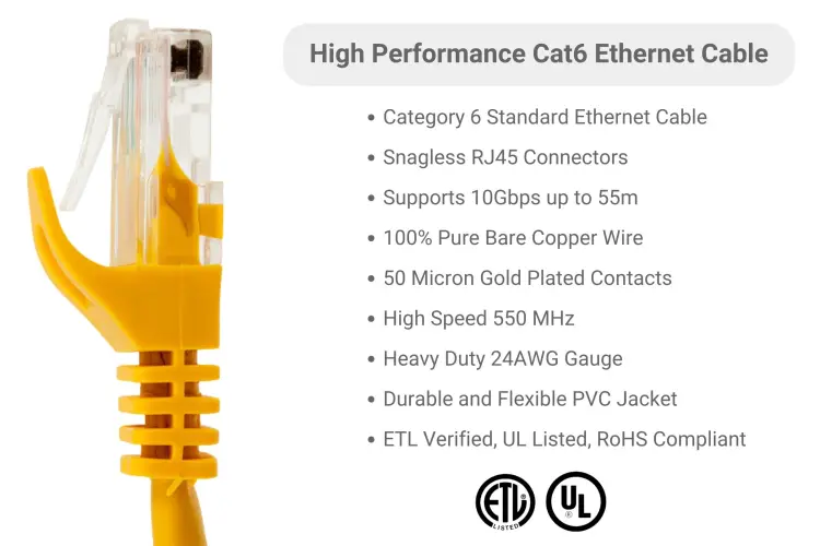 Cat6 Ethernet Patch Cable, Snagless, UTP, 1ft, Yellow