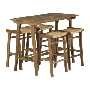 Teak Bar Table and Set of 2 Rattan Bar Stools