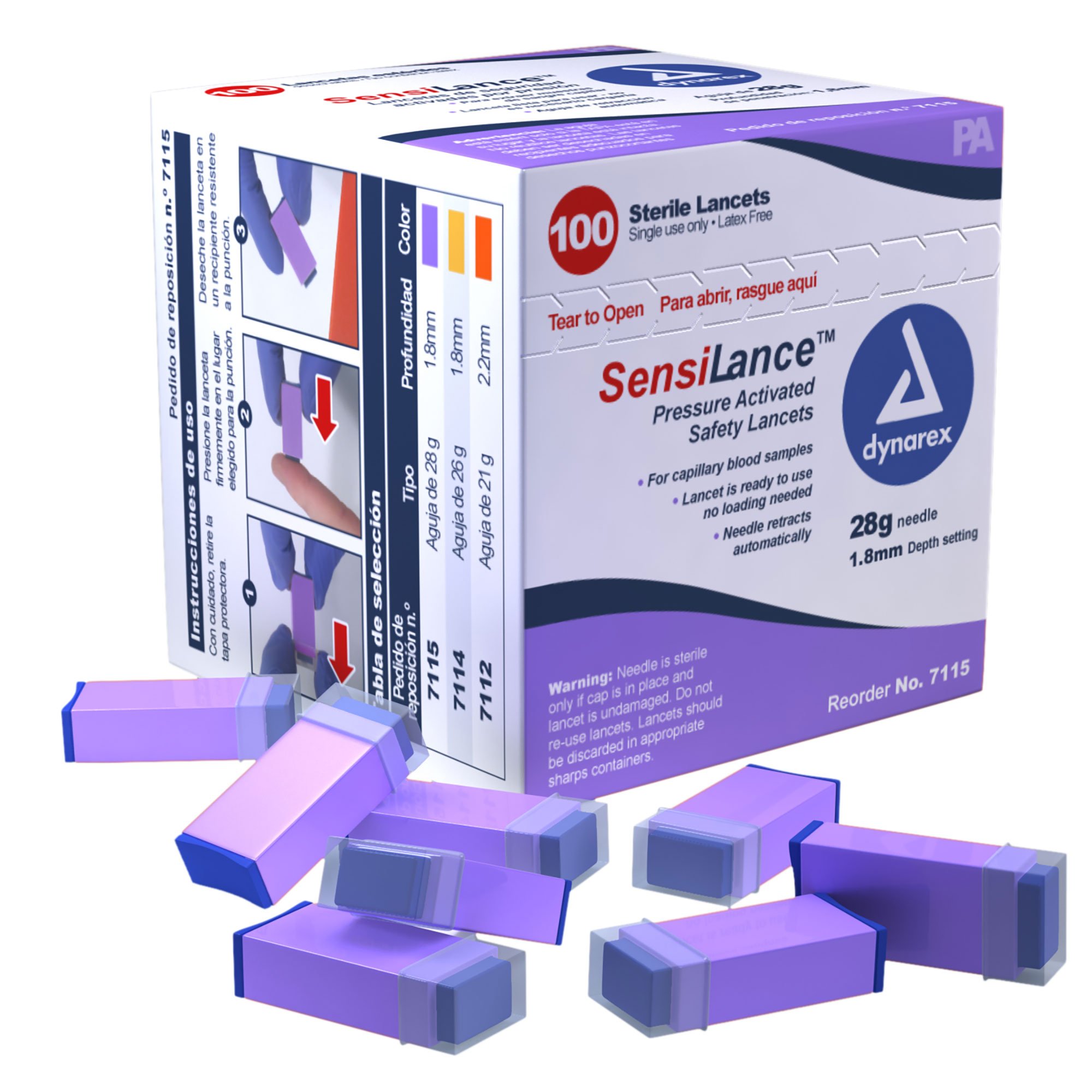 dynarex SensiLance Safety Lancet, 28 Gauge, 1.8 mm Depth, Pressure-activated MK 827019