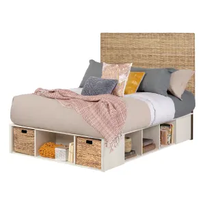 Storage Platform Bed with Baskets and Rattan Headboard Set