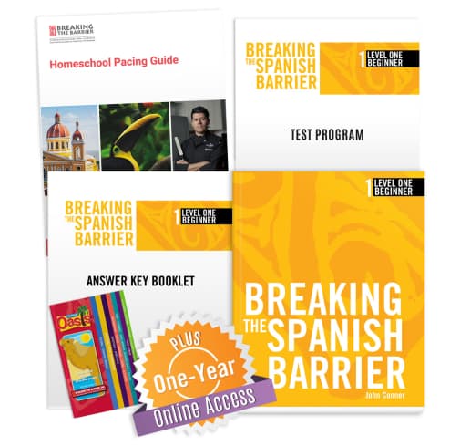 Breaking the Spanish Barrier Level 1 (Beginner) Homeschool Package + Digital Audio & Enhancements Online Access Code - 1 Year Subscription