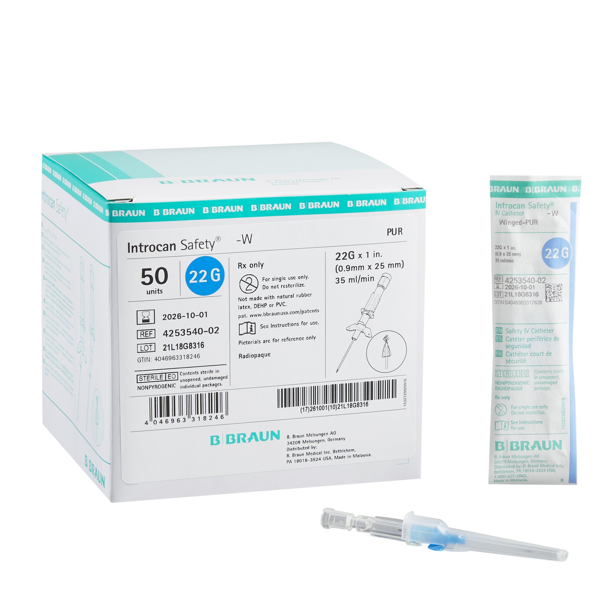 Introcan Safety Peripheral IV Catheter, 22 Gauge, Winged MK 625966
