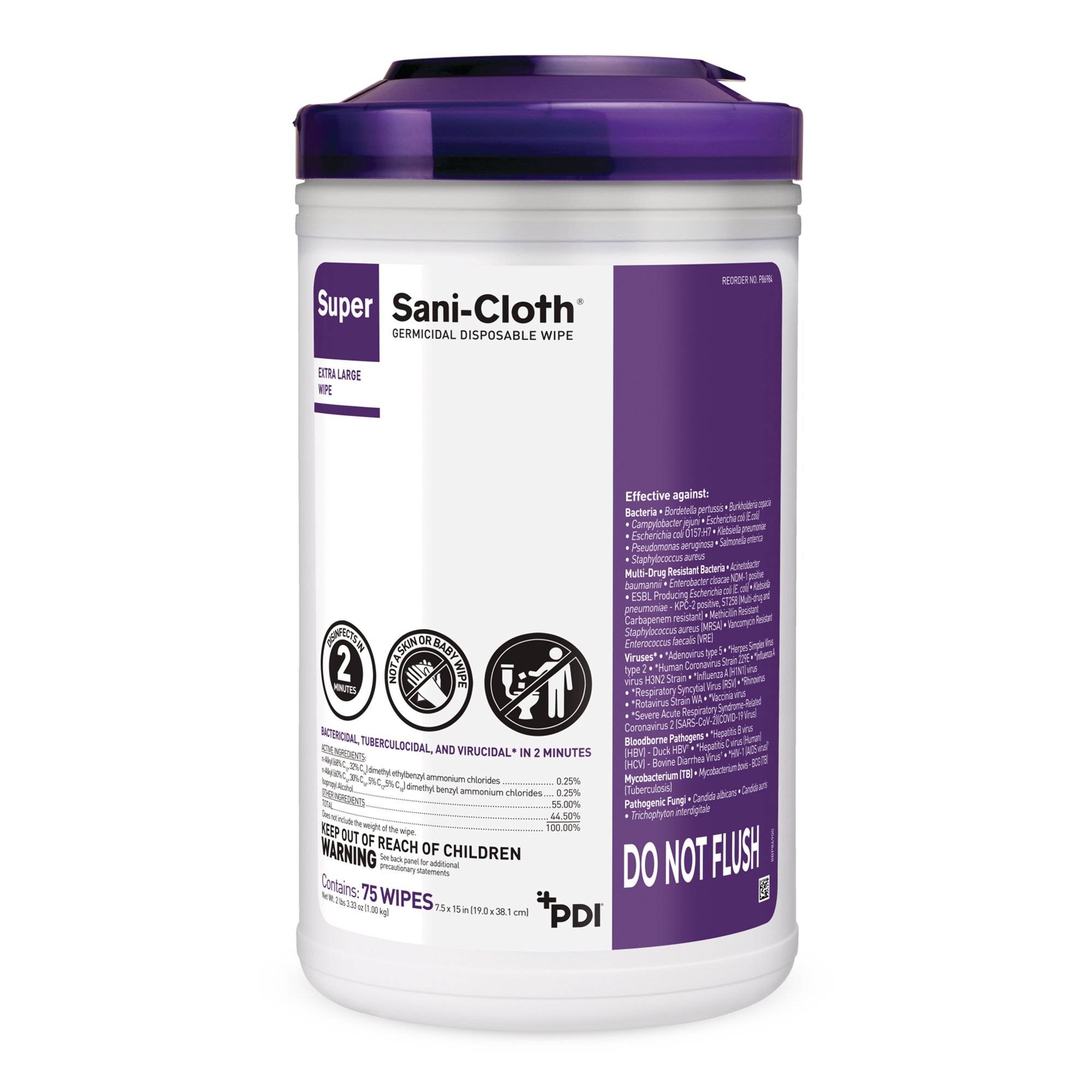 Super Sani-Cloth Extra Large Germicidal Disinfectant Wipes, Canister, 75 ct. MK 1207552