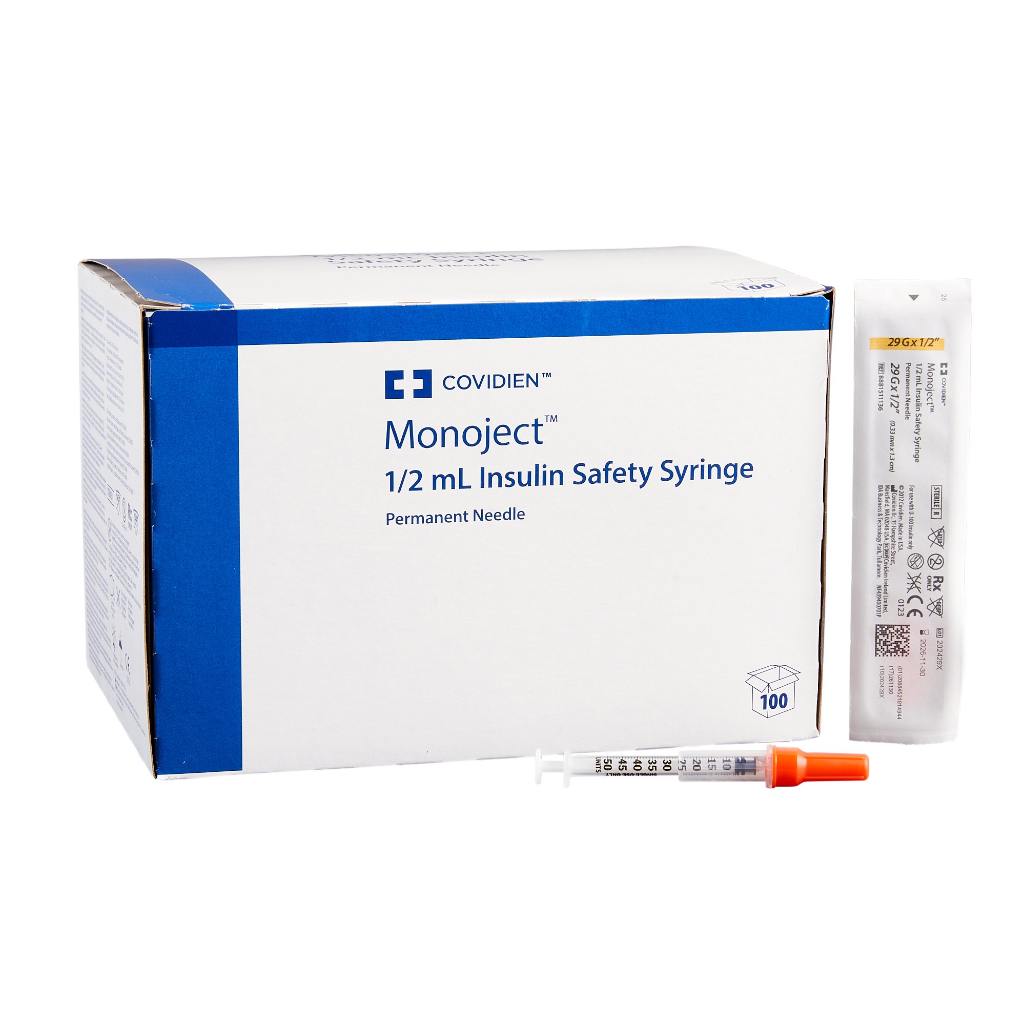 Monoject Insulin Syringe with Needle, 29 Gauge, 1/2 Inch Needle Length MK 349606