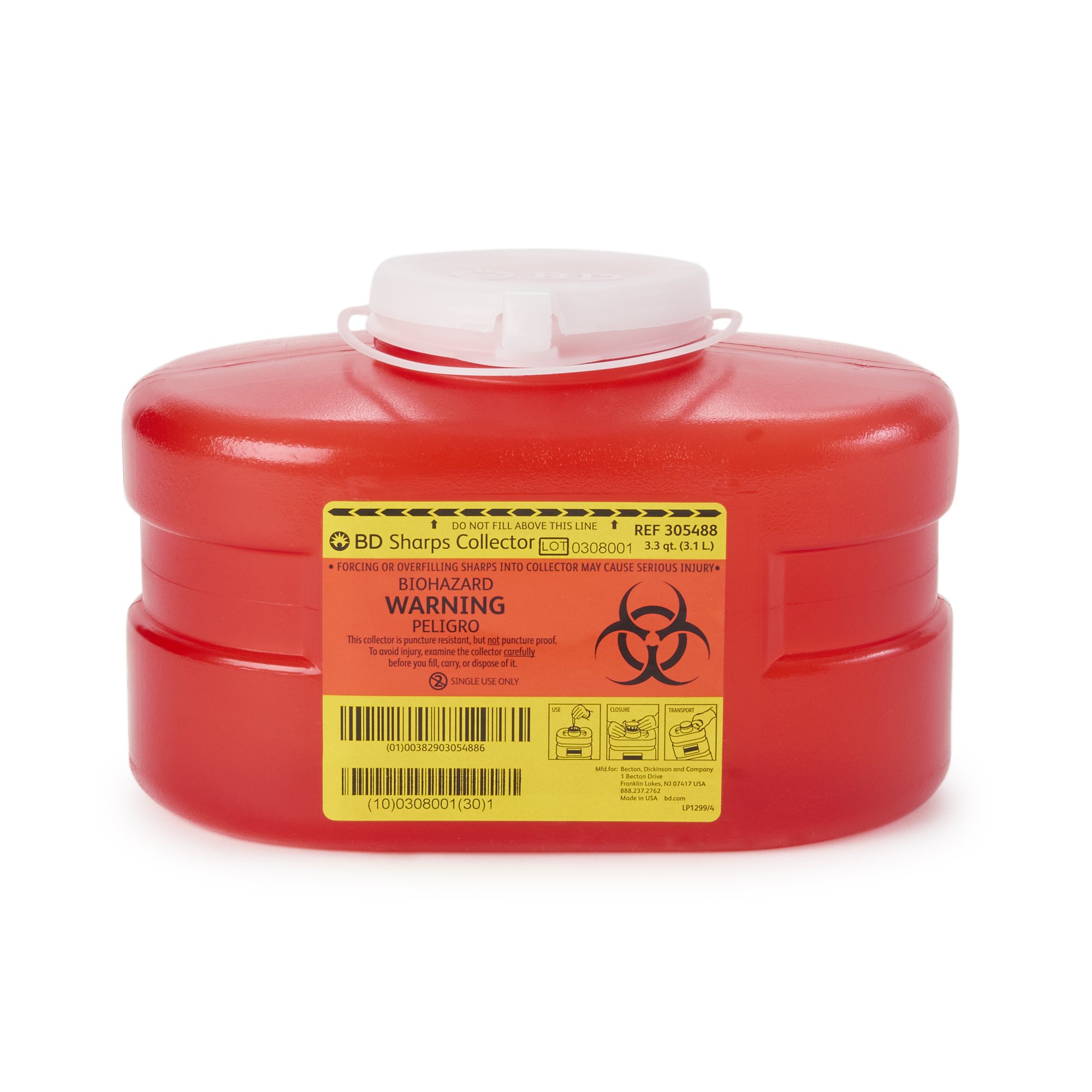 Becton Dickinson Red Sharps Container, 3.3 Quart, 5.3 x 9.1 x 5 Inch MK 140598