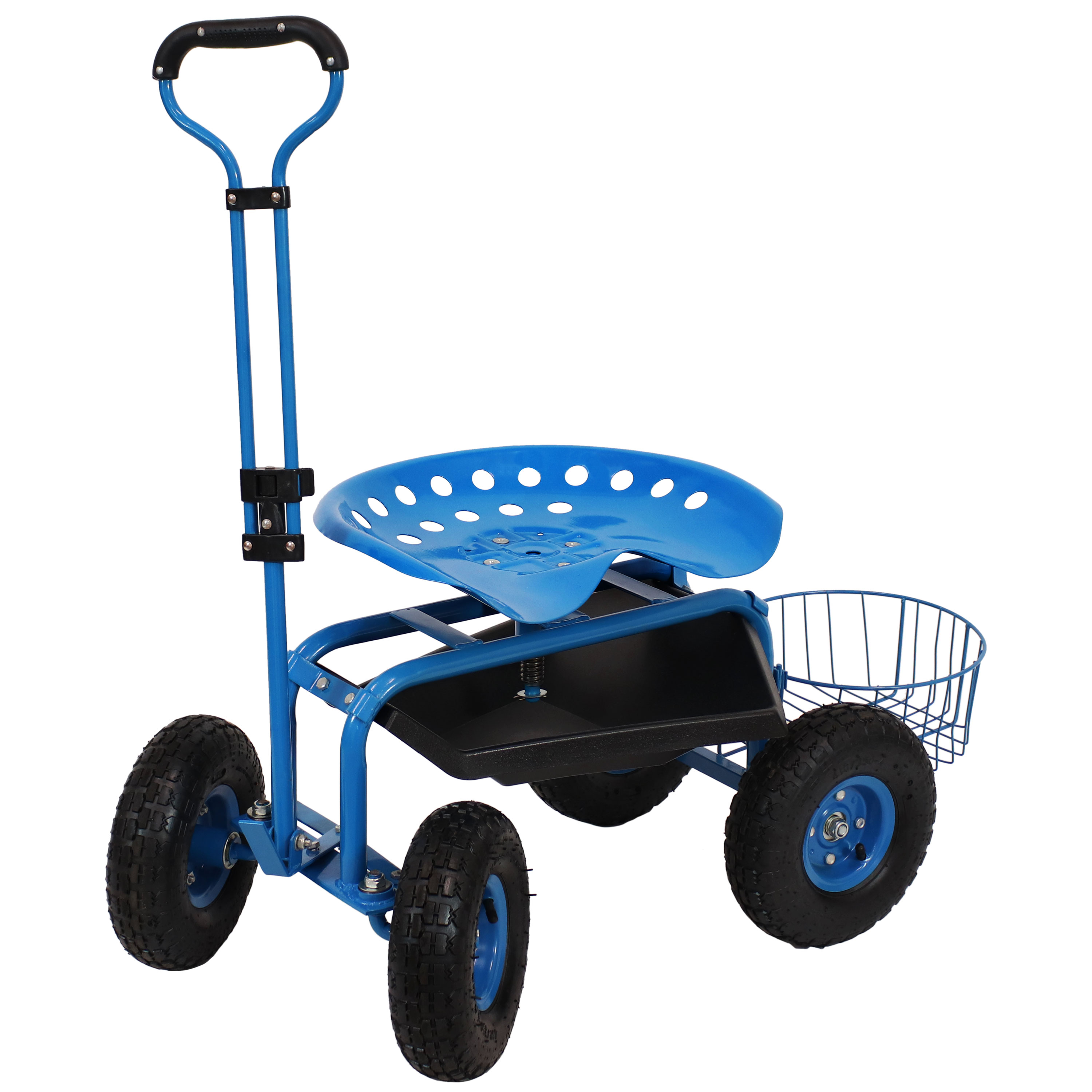 Sunnydaze Rolling Garden Cart with Extendable Steering Handle, Swivel Seat &amp; Planter Basket, Blue