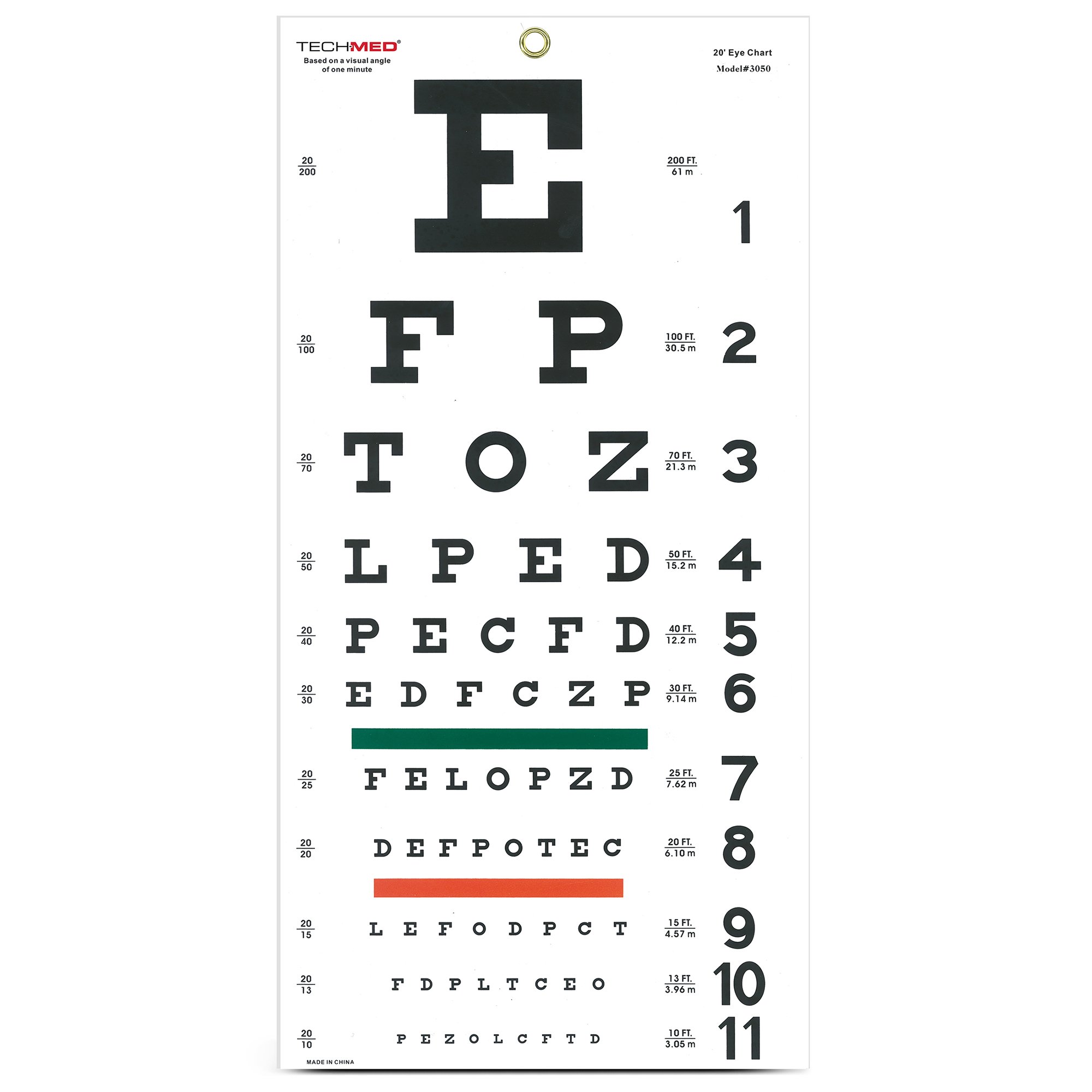 Tech-Med Snellen Eye Test Chart, Wall Mounted, Matte Finish, 11 x 22 Inch MK 713763