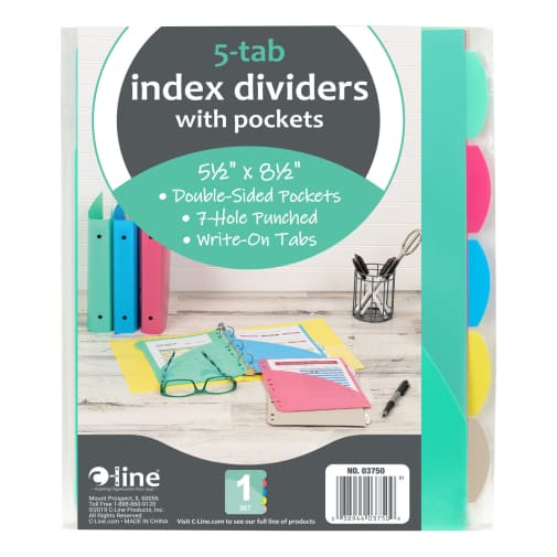 Mini Binder 5-Tab Poly Index Dividers with Pockets (Assorted colors) 5 1/2" x 8 1/2"