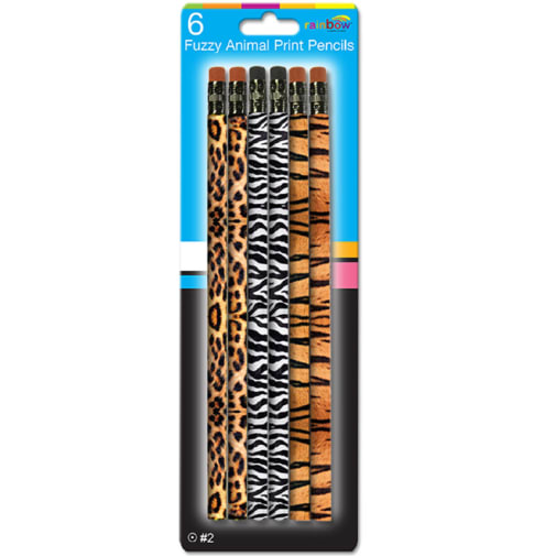 Fuzzy Animal Print Pencils with Eraser - 6 Count