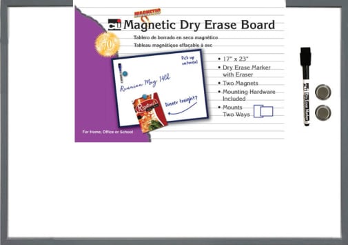 Magnetic Dry Erase Board (17" x 23") with Eraser/Marker and 2 Magnets - Gray Frame