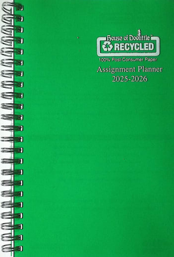 Student Assignment Planner Green Vinyl August 2025 - August 2026