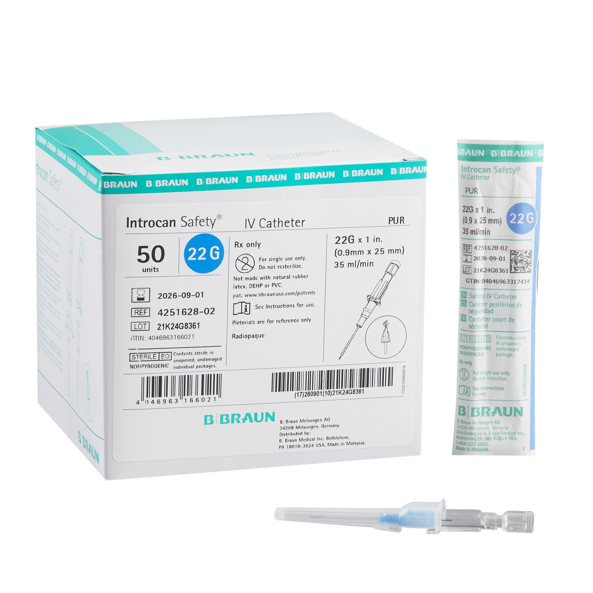 Introcan Safety Peripheral IV Catheter, 22 Gauge, Straight MK 629751