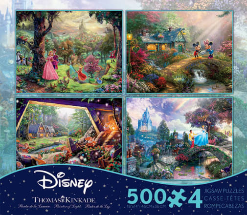 Cinderella, Mickey Mouse, Sleeping Beauty & Snow White 4-in-1, 500 Piece Puzzles (Thomas Kinkade Disney Collection)