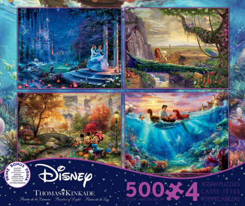 Ceaco Cinderella, Lion King, Mickey & Minnie City, Little Mermaid 4-in-1, 500 Piece Puzzles (Thomas Kinkade Disney Collection)