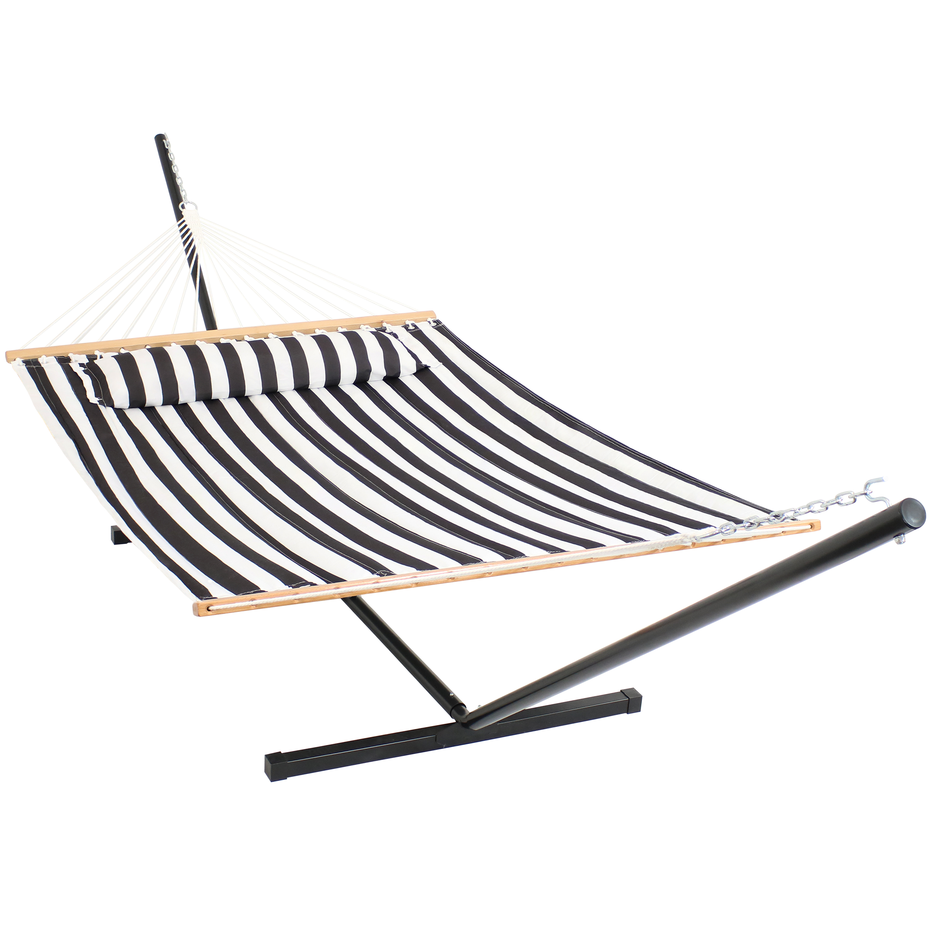 Sunnydaze 2 Person Freestanding Quilted Fabric Spreader Bar Hammock, Choose 12 or 15 Foot Stand, Black and White, 12-Foot Stand