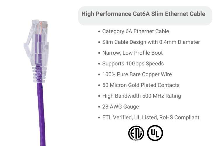 Cat6A Slim Snagless Ethernet Patch Cable, 35 ft, Purple