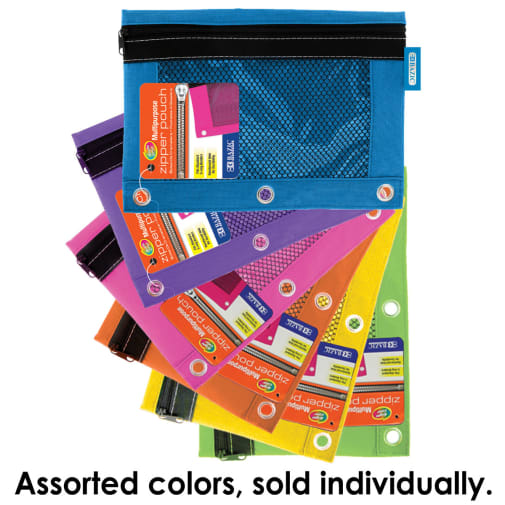 Pencil Pouch 3-Ring with Mesh Window (Bright assorted colors)