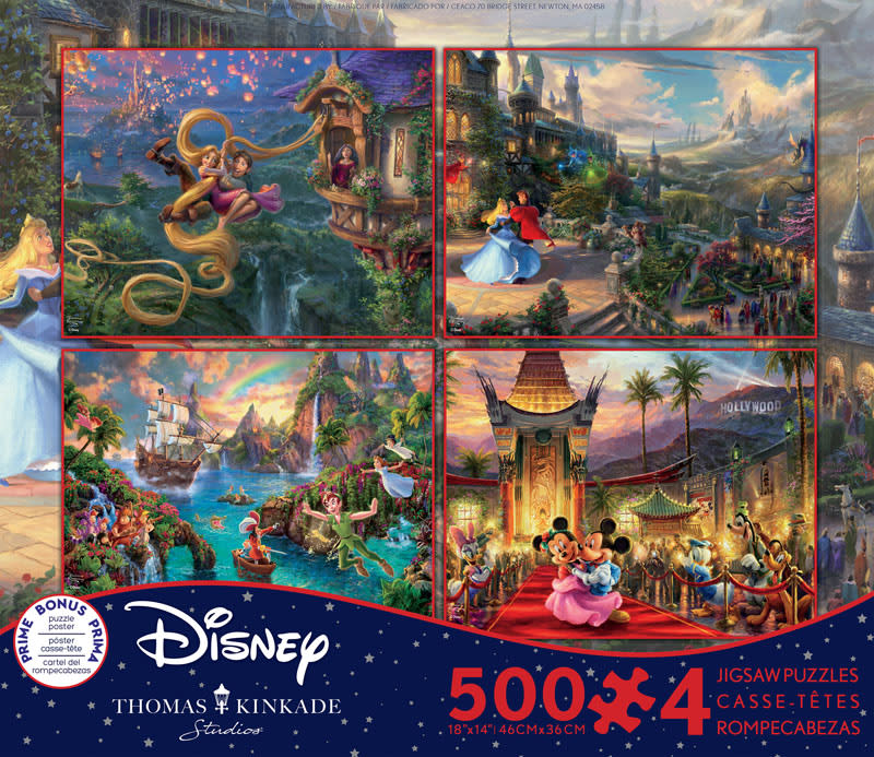 Tangled, Sleeping Beauty, Peter Pan, Mickey & Minnie in Hollywood 4-in-1, 500 Piece Puzzles (Thomas Kinkade Disney Collection)