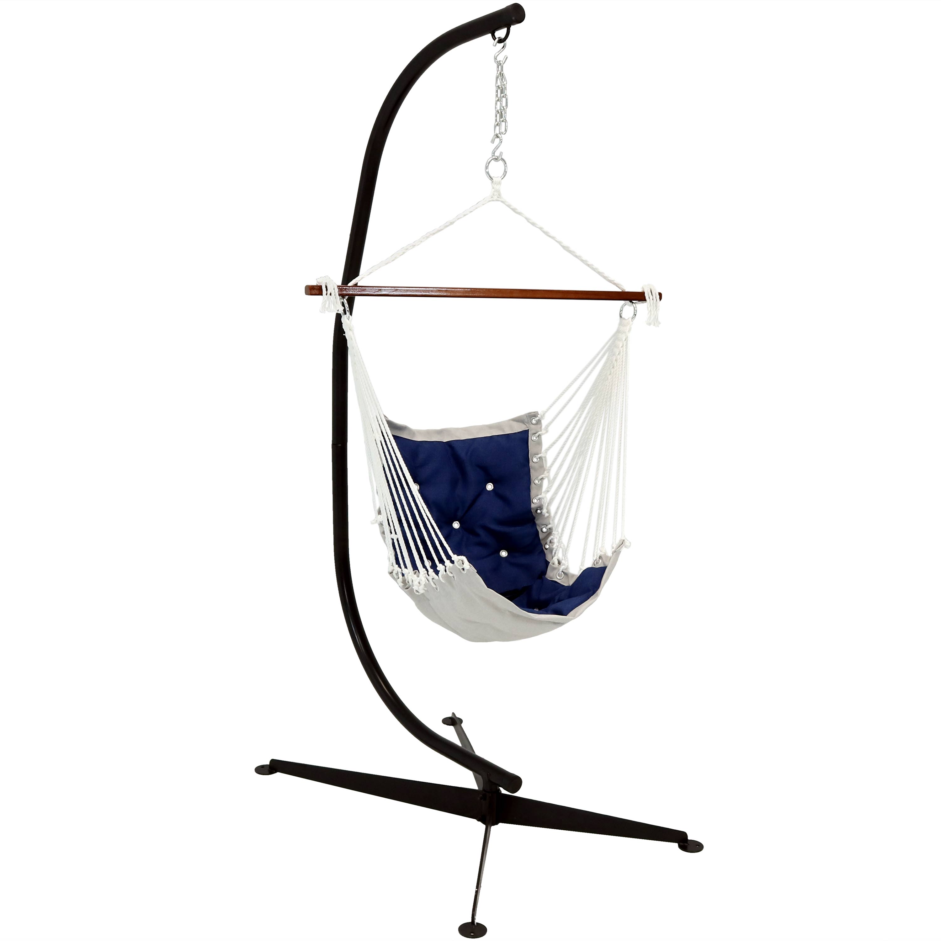 Sunnydaze Tufted Victorian Hammock Swing and C-Stand Combo for Outdoor Use, 300-Pound Weight Capacity, Navy Blue