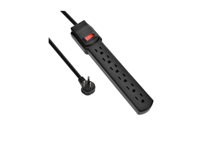 12Ft 6-Outlet Surge Protector 14AWG/3,15A, 90J Black Right Angle Plug