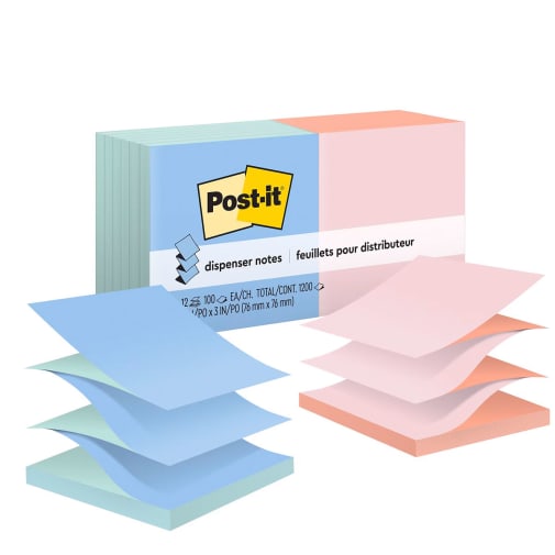 Post-It Notes Original Pop-up Refill, Beachside Cafe Collection Alternating Color, 3x3", 100 sheets/pad, 12 pads/pack