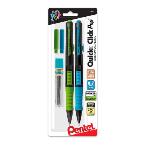 Pentel Quick Click Pop Mechanical Pencil, 0.7mm (with lead and eraser refill) 2 pack