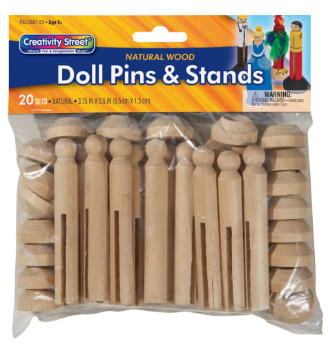 Doll Pins w/Stands Natural Wood 3 3/4" - 20 Sets