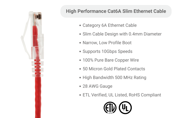 Cat6A Slim Snagless Ethernet Patch Cable, 0.5ft, Red