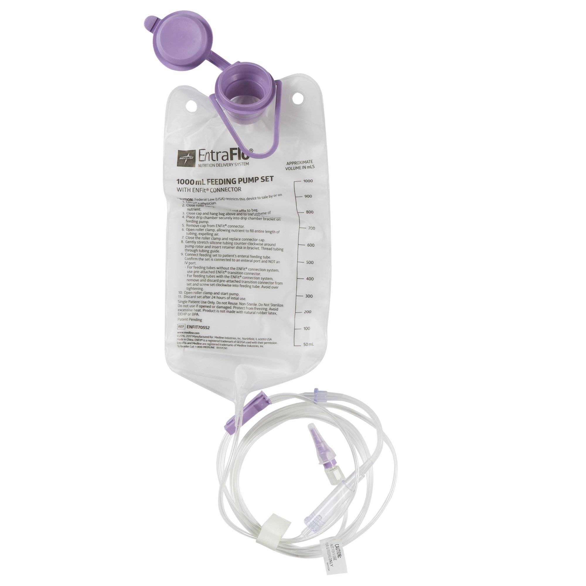 Enteral Feeding Pump Bag Set with ENFit Connector Medline EntraFlo 1000 mL Silicone NonSterile Stepped Transition Connector MK 1026738
