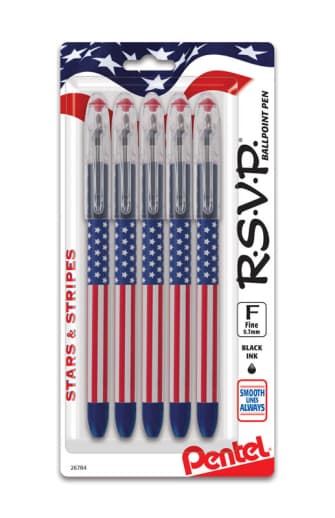 Pentel RSVP Ballpoint Pen, Flag Barrel, Fine Line, Black 5 pack