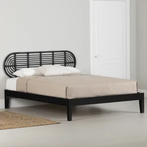 Wooden Bed and Rattan Wall-Mounted Retro Headboard Set