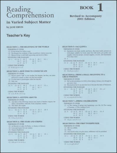 Reading Comprehension Book 1 Teacher Key