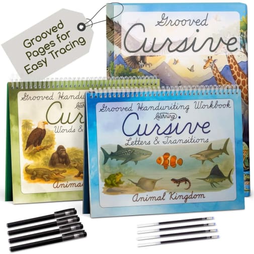 Cursive Grooved Handwriting Workbooks - Animal Kingdom Set (2 Books, 4 Pens/refills)