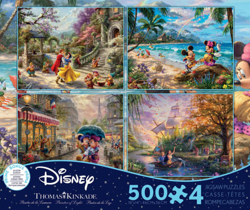 Snow White, Mickey & Minnie in Hawaii, Mickey & Minnie in Paris, Pocahontas 4-in-1, 500 Piece Puzzles (Thomas Kinkade Disney Collection)