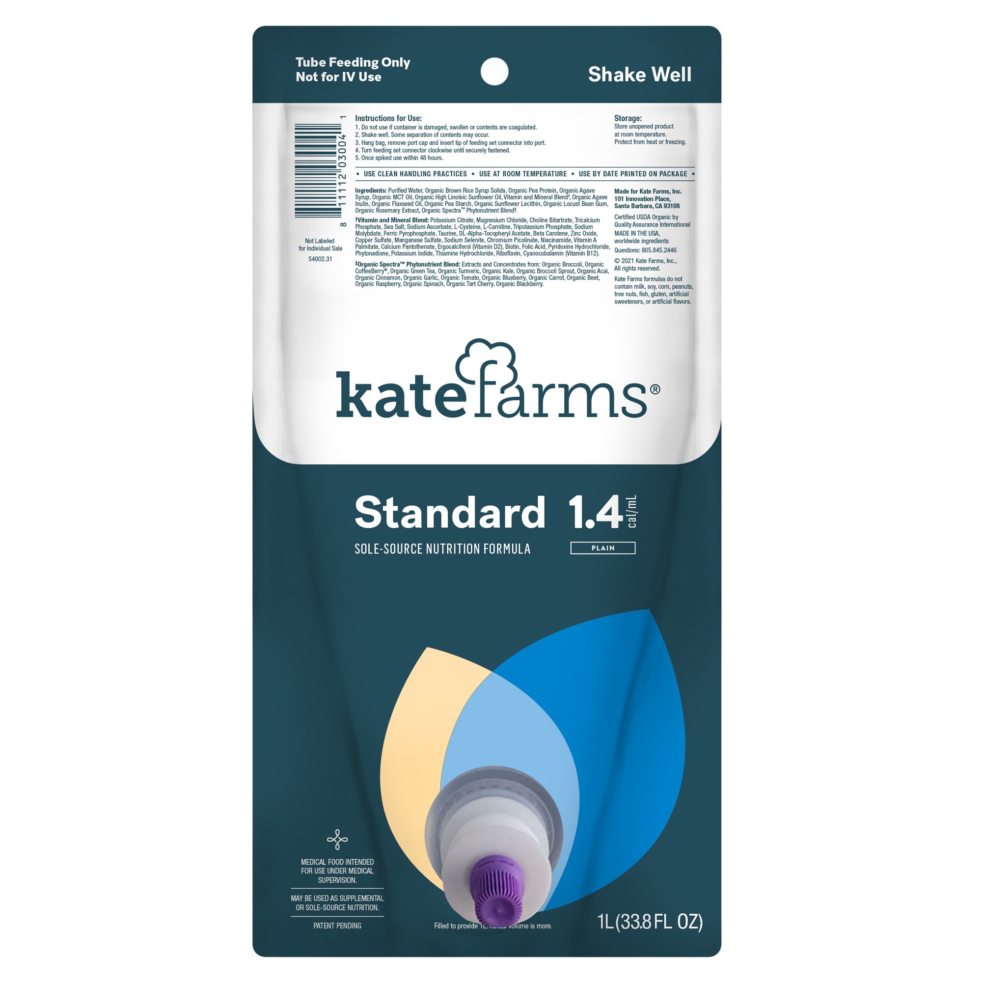 Kate Farms Standard 1.4 Sole-Source Nutrition Formula, 1,000 mL Bag MK 1184939
